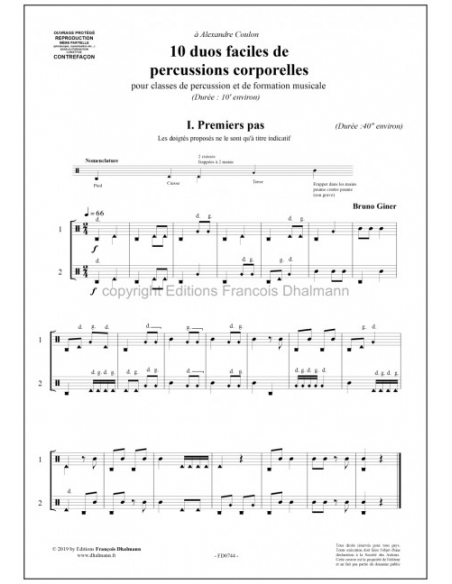 Dix duos faciles de percussions corporelles, Bruno Giner. Partition.